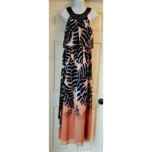 Jessica Howard Womens Size 6 Polyester Layered & Beaded Leaf Maxi Dress EUC